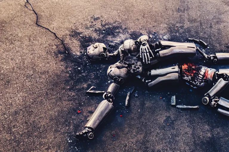 Prompt: vfx film closeup, dead robot couple on the ground holding hands, city street tire tracks fire. flat color profile low - key lighting award winning photography arri alexa cinematography, hyper real photorealistic cinematic atmospheric cool colorgrade