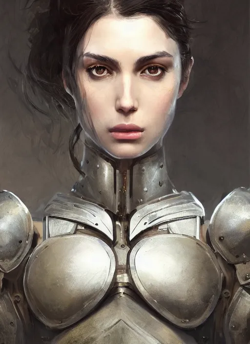 Image similar to a professional painting of a beautiful young female, clothed in military armor, olive skin, long dark hair, beautiful bone structure, symmetrical facial features, intricate, elegant, digital painting, concept art, smooth, sharp focus, illustration, from Metal Gear, by Ruan Jia and Mandy Jurgens and Artgerm and William-Adolphe Bouguerea