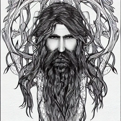 Image similar to huge male druid gray face pointy ears long beard with vines as hair hibiscus flowers detailed drawing