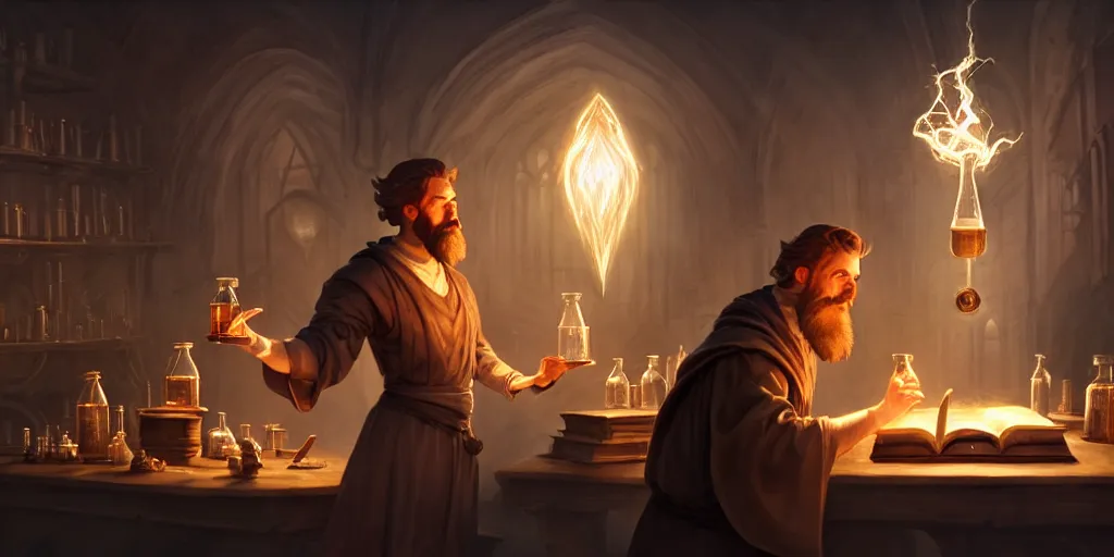 Prompt: a handsome bearded caucasian male sorcerer with brown hair, he is in a alchemist lab, casting a spell from a open book, beakers, potions, magic, neutral pose, digital art, concept art, epic composition, 4 k, super coherent, by dave melvin and greg rutkowski