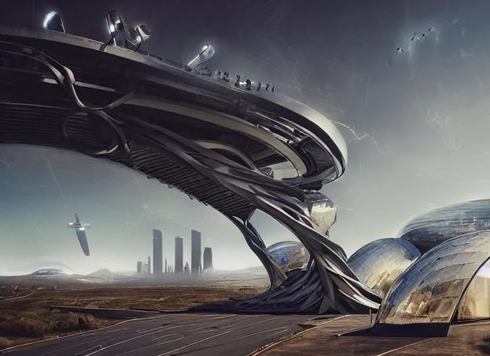 Prompt: cult of technology, metal brain!!, exterior, scifi, machines, artificial intelligence, ribbon chapel, ultra realistic, highly detailed, futuristic landscape, beautiful city, sunny day, futurism, drone point of view, atmosphere, masterpiece, epic lighting, bright, cinematic, art by jan urschel and neil blevins