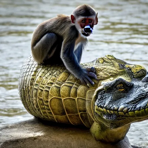 Image similar to monkey on top of a crocodile on a river