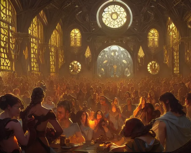 Image similar to a room filled with 1 0 0 0 different people from everywhere ever, deep focus, d & d, fantasy, intricate, elegant, highly detailed, digital painting, artstation, concept art, matte, sharp focus, illustration, hearthstone, art by artgerm and greg rutkowski and alphonse mucha