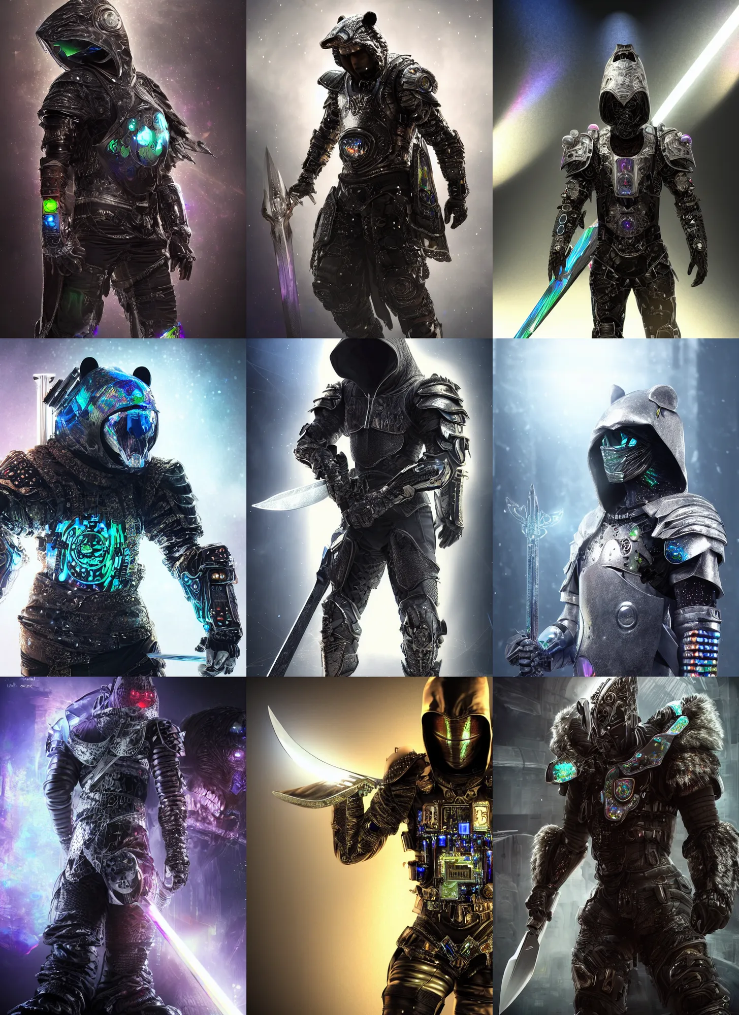 Prompt: Super realistic 8K render of a dark hooded powerful elegant elite bear assassin wearing iridescent armor coated in complex circuitry and motherboards and microchips and brandishing a celestial sword, extremely detailed, iridescent, high quality, epic, futuristic, octane render, beautiful, shimmering, deity