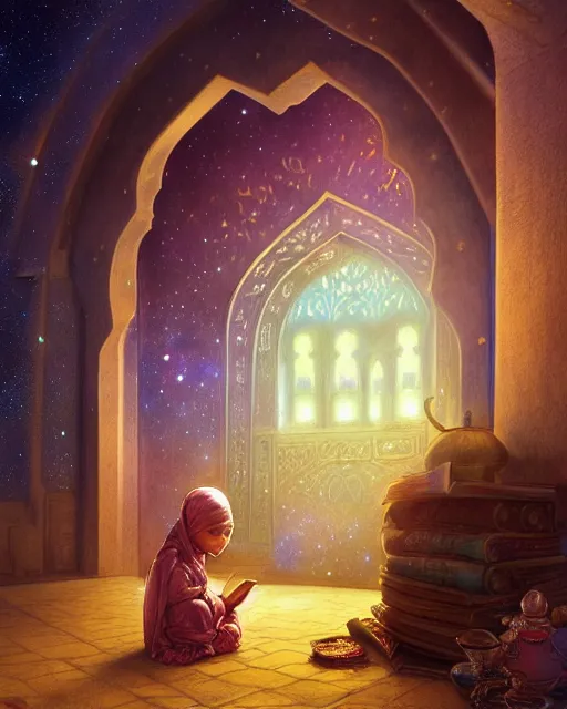 Image similar to bedouin child reading the quran inside of the mosque in the galaxy surrounded by nebula, highly detailed, gold filigree, romantic storybook fantasy, soft cinematic lighting, award, disney concept art watercolor illustration by mandy jurgens and alphonse mucha and alena aenami, pastel color palette, featured on artstation