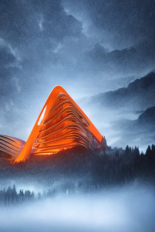 Image similar to a futuristic scene in front of a zaha hadid building in the forrest of the french alps in the style of chris moore, stormy weather with lightning, cinematic matte painting, extreme detail 8 k photo quality, orange lasers, snowfall, featured on behance
