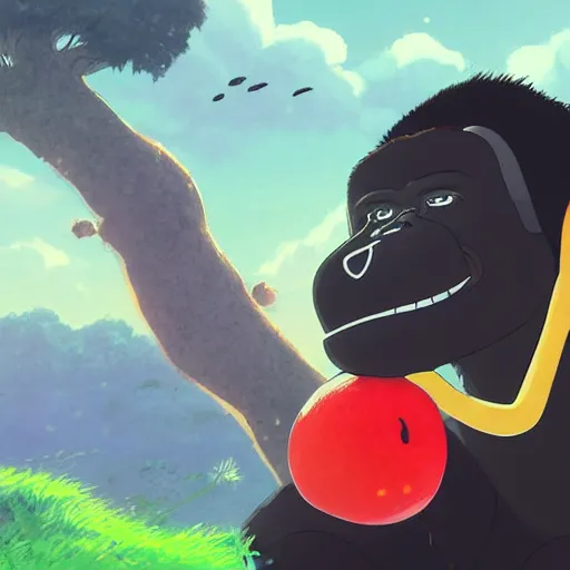 Prompt: cartoon gorilla wearing a black shirt, headphones on head, holding a red mushroom, landscape illustration concept art anime key visual trending pixiv fanbox by wlop and greg rutkowski and makoto shinkai and studio ghibli and kyoto animation