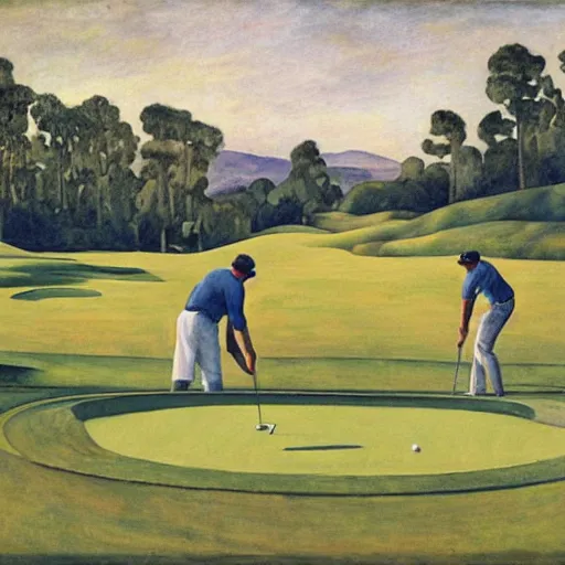 Image similar to Three golfers on a beautiful golf course driving range, by Diego Rivera