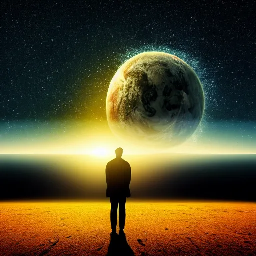 Image similar to 4K ultra HD detailed award-winning wallpaper silhouette of lonely man standing looking at Earth from far away huge vast sky universe