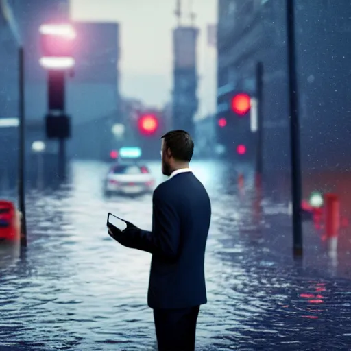 Image similar to a man in suit sitting on the top of a car in a flooded street, looking at his phone, trending on Artstation, 8k, photorealistic, hyper detailed, unreal engine 5, IMAX quality