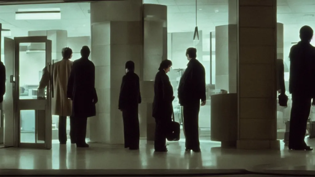 Image similar to the strange! creature! in line at the bank, film still from the movie directed by Denis Villeneuve with art direction by Salvador Dalí, wide lens