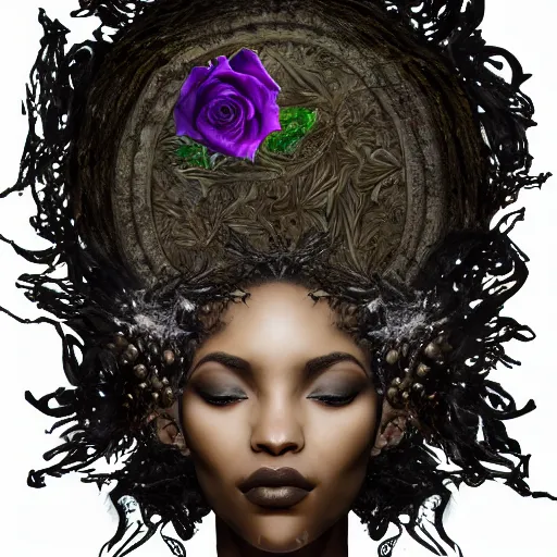 Image similar to portrait of an enchanted being, half human half divine african american goddess of chill, ultra detailed, ornate, organic, haute couture black roses and seaweed, under water, full body, upper light, symmetrical face, hyperrealistic