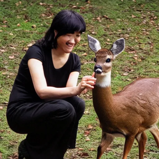 Prompt: joe hisaishi petting a deer