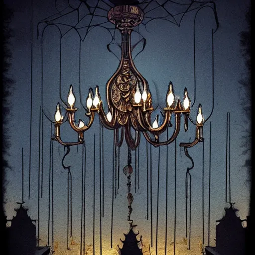 Prompt: floating antique intricate chandeliers art deco floating above graveyard at night, spooky, haunting, trending on artstation