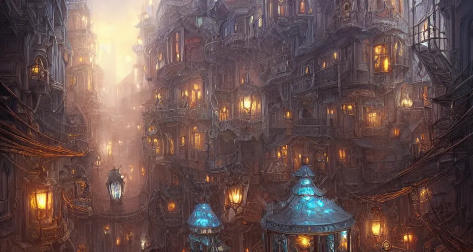 Image similar to landscape painting of fantasy metal steampunk city that has a light blue glow with walkways and lit windows with hooded thieves in leathers climbing the buildings using a rope, fine details, magali villeneuve, artgerm, rutkowski