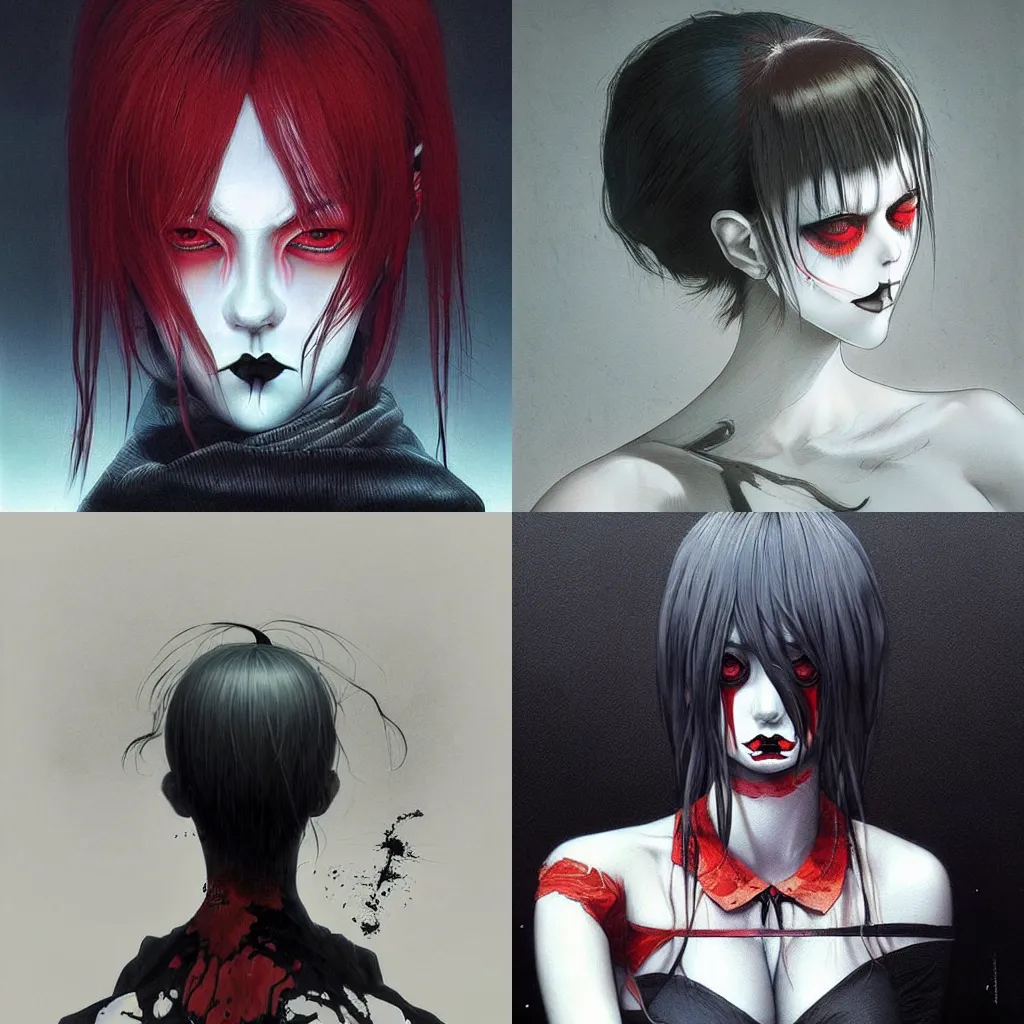 Prompt: beautiful! coherent!!! rule of thirds, detailed! expert! professional manga seinen concept art portrait art of a goth clowngirl, painted by ilya kuvshinov!!!!! and zdzislaw beksinski # wow