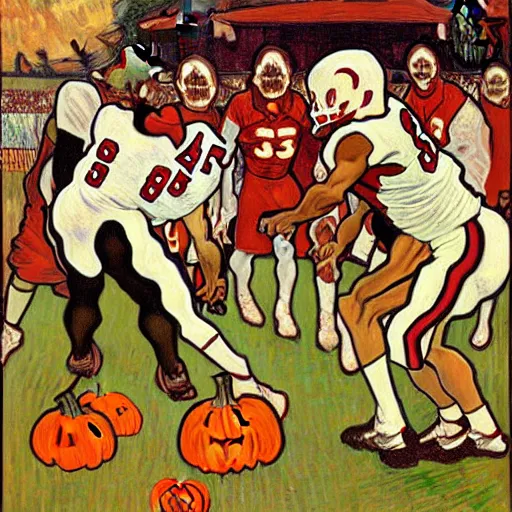 Prompt: painting of arkansas razorbacks players at the halloween jack o'lantern party, elegant, clear, painting, stylized, delicate, soft facial features, art, art by alphonse mucha, vincent van gogh, egon schiele