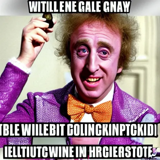 Image similar to gene wilder in willy wonka and the eggplant factory, willy wonka holding eggplants