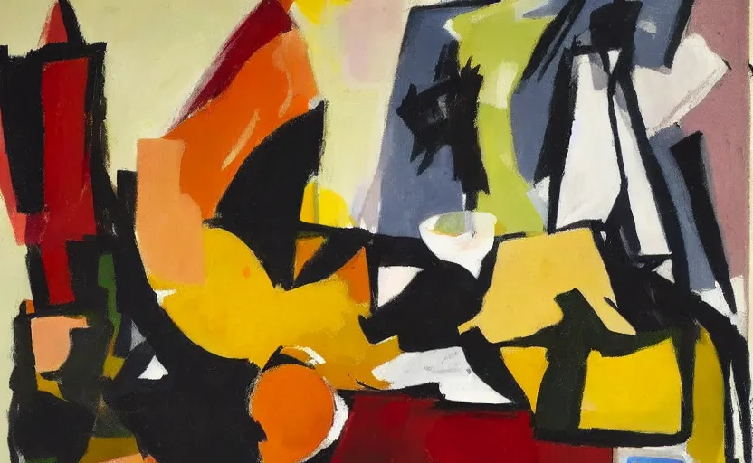 Prompt: painting in the style of ivon hitchins and john craxton. still life on a table. seated figure. studio lighting. large hands drawing on painting, brush marks. holding. expressive abstracted figures. ai