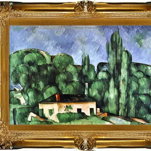 Image similar to small homestead on the edge of a lake, by Paul Cézanne