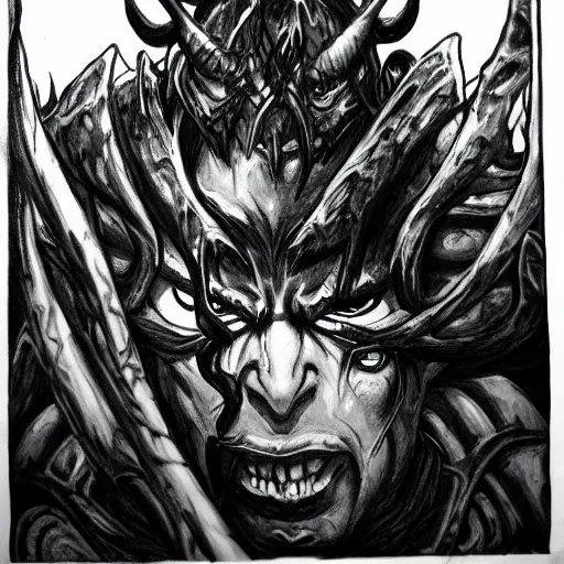 Image similar to illidan stormrage engraving, ink, black and white