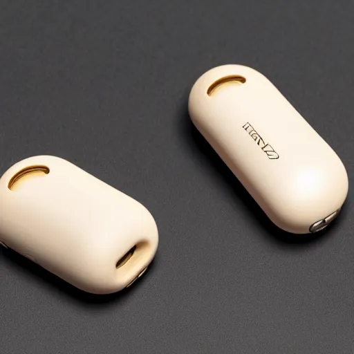 Image similar to a single beige truly wireless earbud with gold accents, beige case, studio, product photo