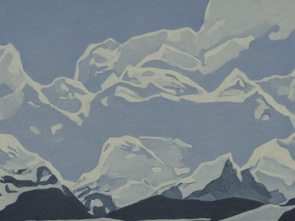 Prompt: a beautiful landscape painting by lawren harris, trending on arstation