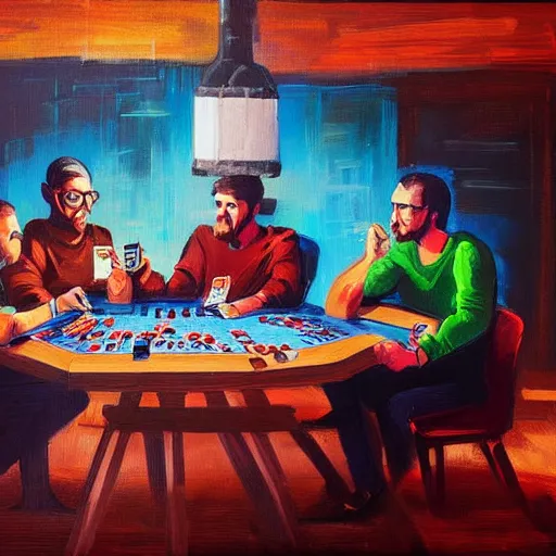 Image similar to people playing poker on a table by alena aenami and annato finnstark