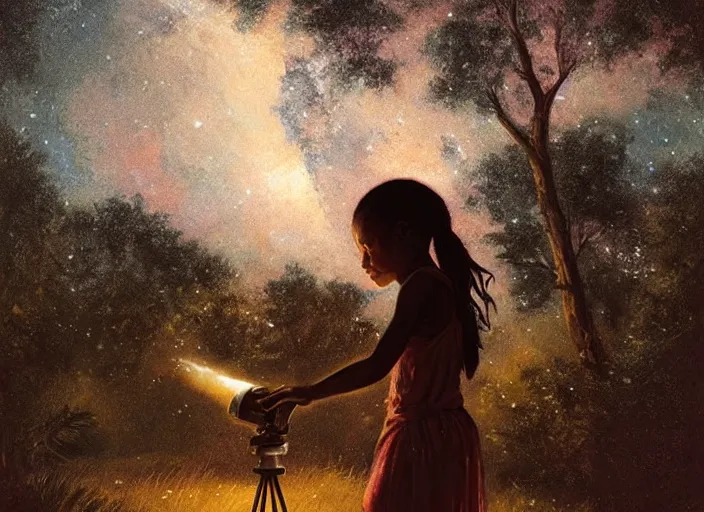 Prompt: a young caribbean girl on the front lawn using a telescope looking up at the stars, night time, forest in the distant background by greg rutkowski,