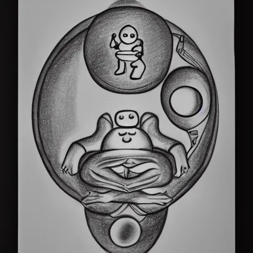Image similar to a drawing of a pregnant robot giving birth to emerging yin - yang daoist symbol emerging from womb, black and white detailed pencil drawing dao