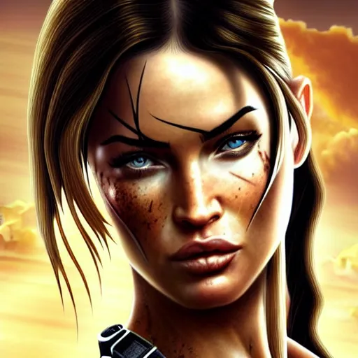 Image similar to megan fox as lara croft, hyper detailed masterpiece, digital art painting, hyper realism aesthetic