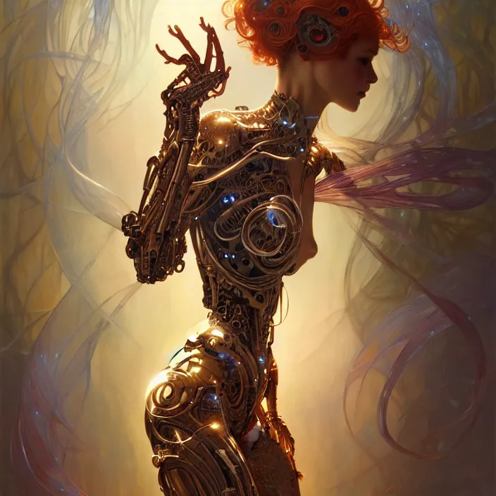 Image similar to organic cyborg, brightly backlit, diffuse lighting, fantasy, intricate, elegant, highly detailed, lifelike, photorealistic, digital painting, artstation, illustration, concept art, smooth, sharp focus, art by john collier and albert aublet and krenz cushart and artem demura and alphonse mucha