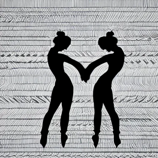 Image similar to clean black and white print on white paper, high contrast, logo of dancer silhouette forming a symmetric heart