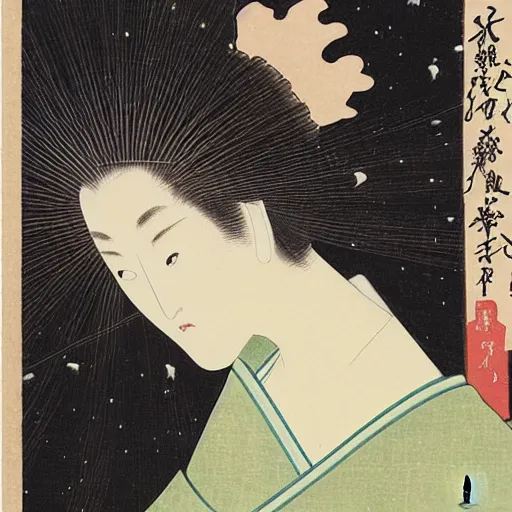 Image similar to by uemura shoen medieval, biopunk relaxed, exciting. painting. a beautiful illustration of a young girl with long flowing hair, looking up at the stars. she appears to be dreaming or lost in thought.