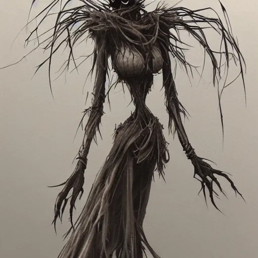 Image similar to concept art of a scary lanky female scarecrow, artstation, pencil