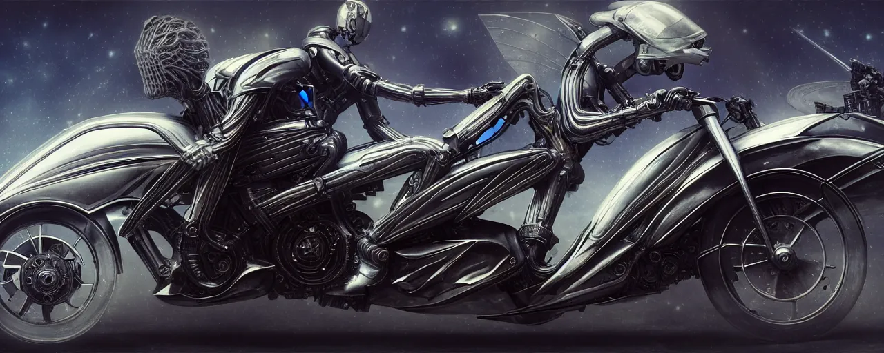 Image similar to nikola tesla riding a futuristic motorbike designed by h. r. giger, nikola is driving through a city with heavy traffic, rule of thirds, uhd 8 k, high detail, masterpiece, cinematic, bokeh, hyperdetailed, photorealistic, hyperrealism, intricate, by stanley artgerm lau, greg rutkowski, moebius