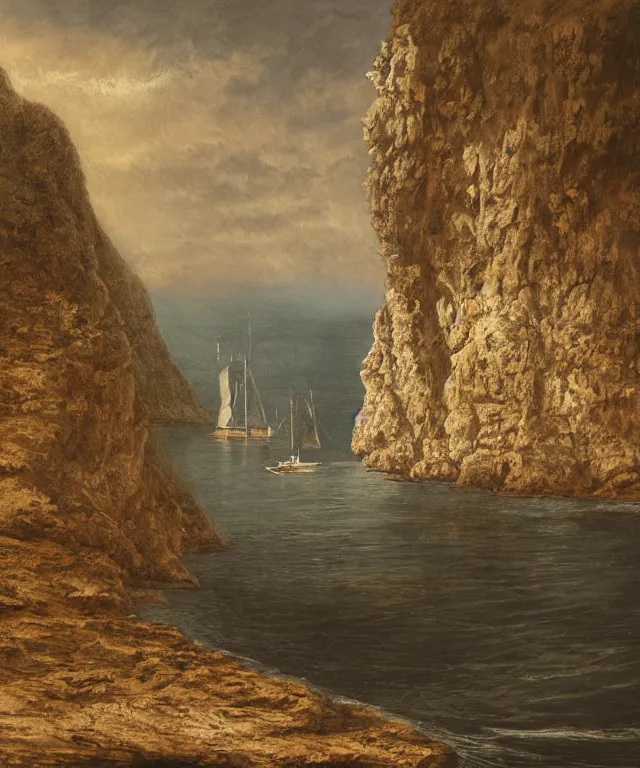 Image similar to photorealistic sepia painting of a 1 9 2 5 bay boat sailing in front of a tropical island cliff with the mouth of a grotto at the waterline, dark, brooding, atmospheric, lovecraft, by dave dorman