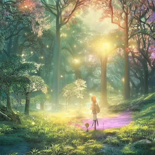 Image similar to the aesthetic view of the beautiful, grand, wistful, dreamy hidden forest at dusk, hyperrealistic anime illustration by iralki nadar, colorful, extremely detailed, intricate linework, super sharp focus, bright colors, octopath traveler, studio ghibli, unreal engine 5 highly rendered, global illumination, radiant light, detailed and intricate environment