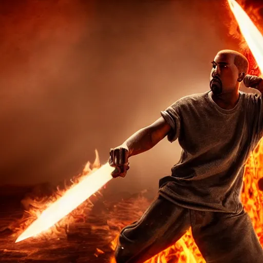 Image similar to kanye west fighting against demons with his golden sword in hell , 8k, hyper realistic, insanely detailed, legendary scene, octane render