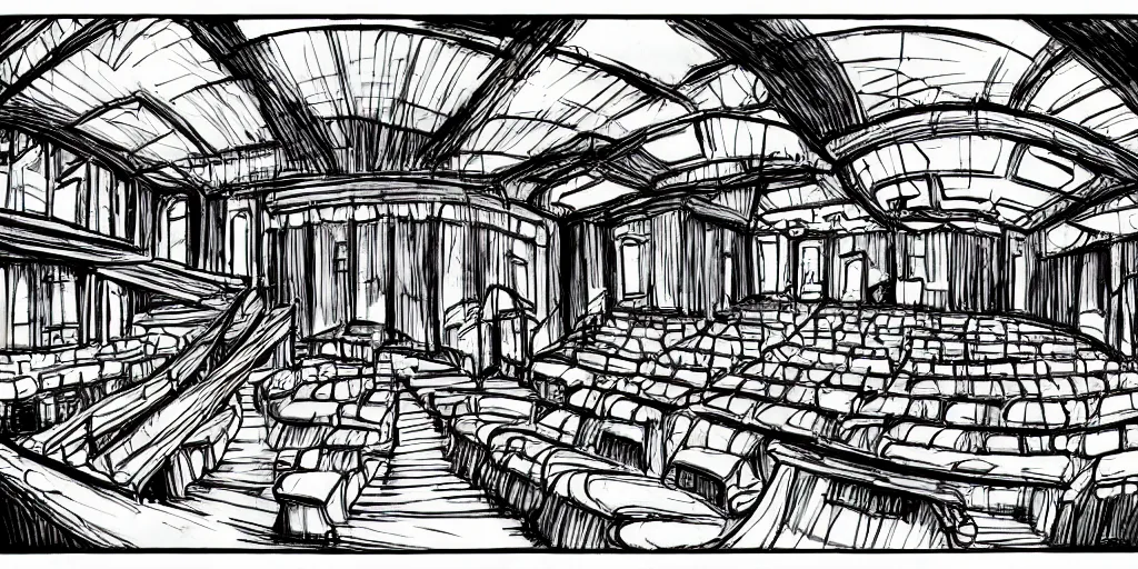 Image similar to a dimly lit, theater hall, 3 doors, 1 staircase, day of the tentacle style, drawn by Peter Chan, fish eye