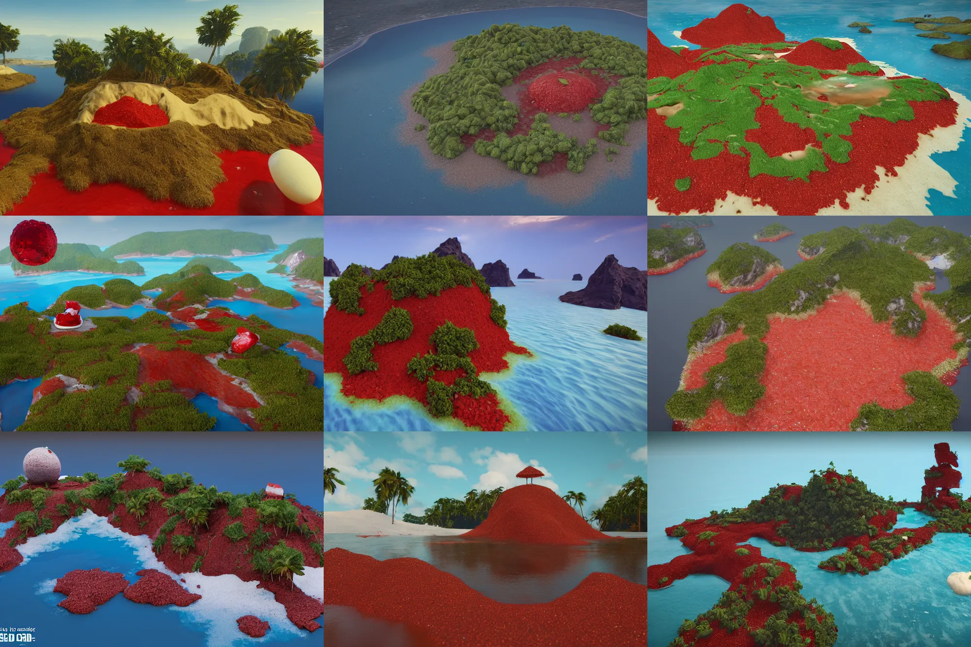 Prompt: an island made of food, water from coca - cola around the island, red caviar instead of sand, hills with ice cream instead of mountains, 8 k, cryengine, 3 5 mm, cinematic