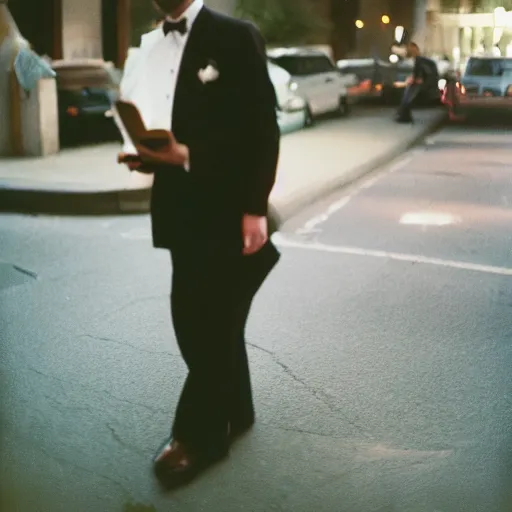 Prompt: eldritch blob walking on the sidewalk dressed in formal clothes, reading for a party, portra 800