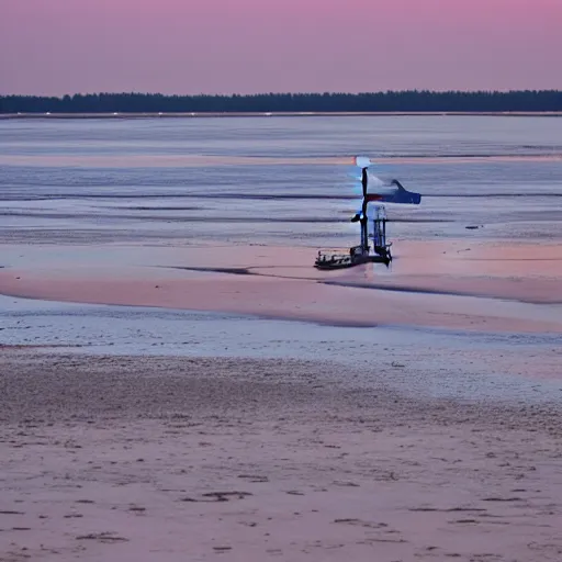 Image similar to sailboat stuck on sandbar at low tide, sunset, ewoks helping to push it free