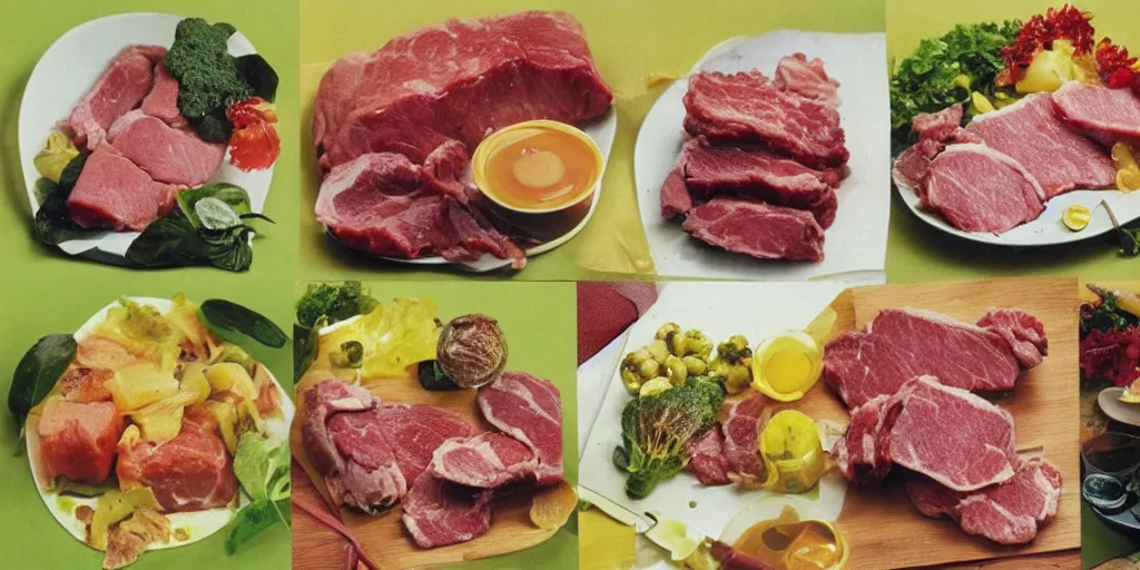 Prompt: 1 9 8 0 s food photography, glistening. juice. meat. veg. 7 0 s