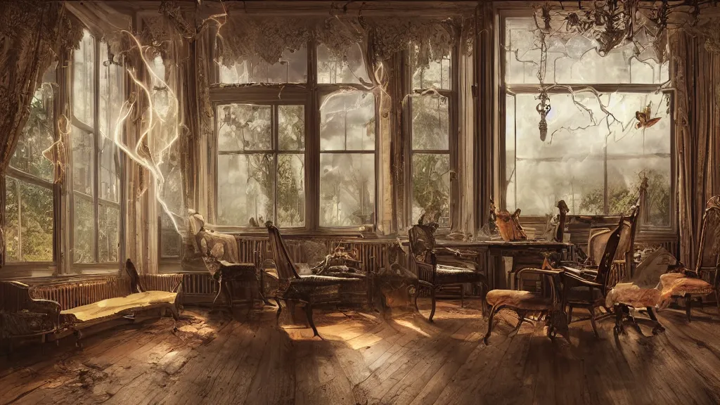 Prompt: richly decorated Victorian house, modern, beautiful, detailed wood, photorealistic, photorealism, lightning, clouds, smoke, the autumn light comes in through a window, diffuse light, vivid cybernetics