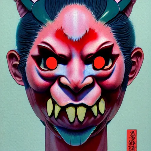 Image similar to prompt : oni mask character portrait soft light painted by james jean and katsuhiro otomo and erik jones, inspired by evangeleon anime, smooth face feature, intricate oil painting, high detail illustration, sharp high detail, manga and anime 1 9 9 9