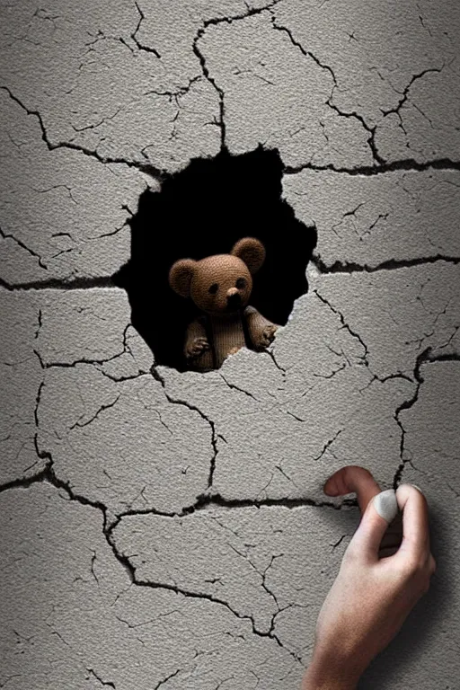 Image similar to giant crack hole on the brick concrete wall, hand coming from inside the crack reaching towards camera haand is holding a teddybear. gloomy, intricate, elegant, highly detailed, digital painting, artstation, concept art, addiction, chains, smooth, sharp focus, illustration, art by ilja repin