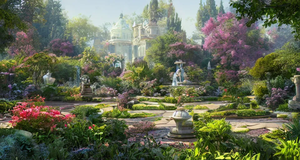 Image similar to Beautiful garden, next to a fountain and a mystical palace, hyperdetailed, artstation, cgsociety, golden hour 8k