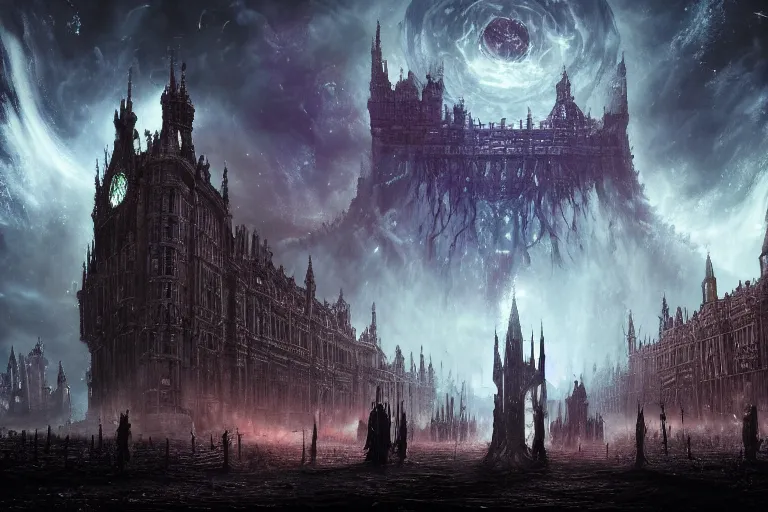 Prompt: victorian england attacked by aliens and cosmic horrors, inspired by bloodborne screenshots, fancy medieval architecture, mesmerizing, beautiful, fantastical, concept art, highly detailed, artstation, trending, widescreen resolution, feng zhu, shaddy safadi, noah bradley, tyler edlin, jordan grimmer, darek zabrocki, neil blevins, tuomas korpi