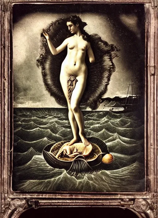 Image similar to old wetplate daguerreotype portrait of birth of venus, explosion of data fragments, fractal, intricate, elegant, highly detailed, parallax, leica, medium format, subsurface scattering, portrait, elegant, highly detailed, matte painting, by stanley spencer